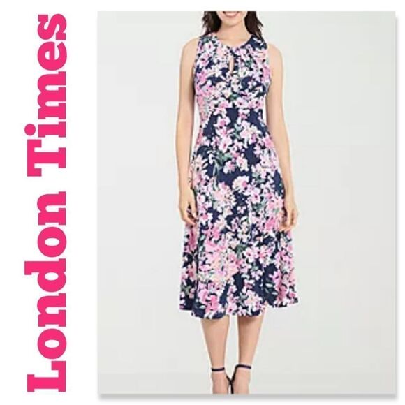 NWT London Times London Style Petite Sleeveless Floral Midi Fit + Flare Dress - Picture 1 of 7